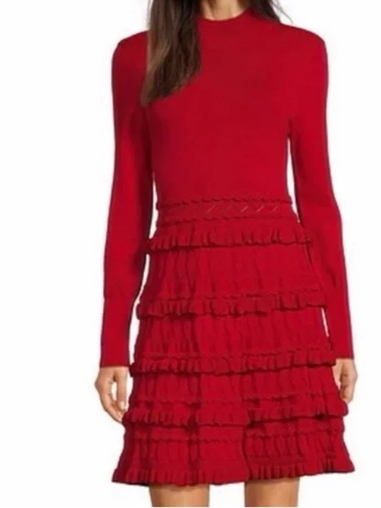 MUSE BY MARCHESA Calla Knitted Lycra Mock Neck Layered Tiered Ruffle Dress XS - Picture 1 of 10
